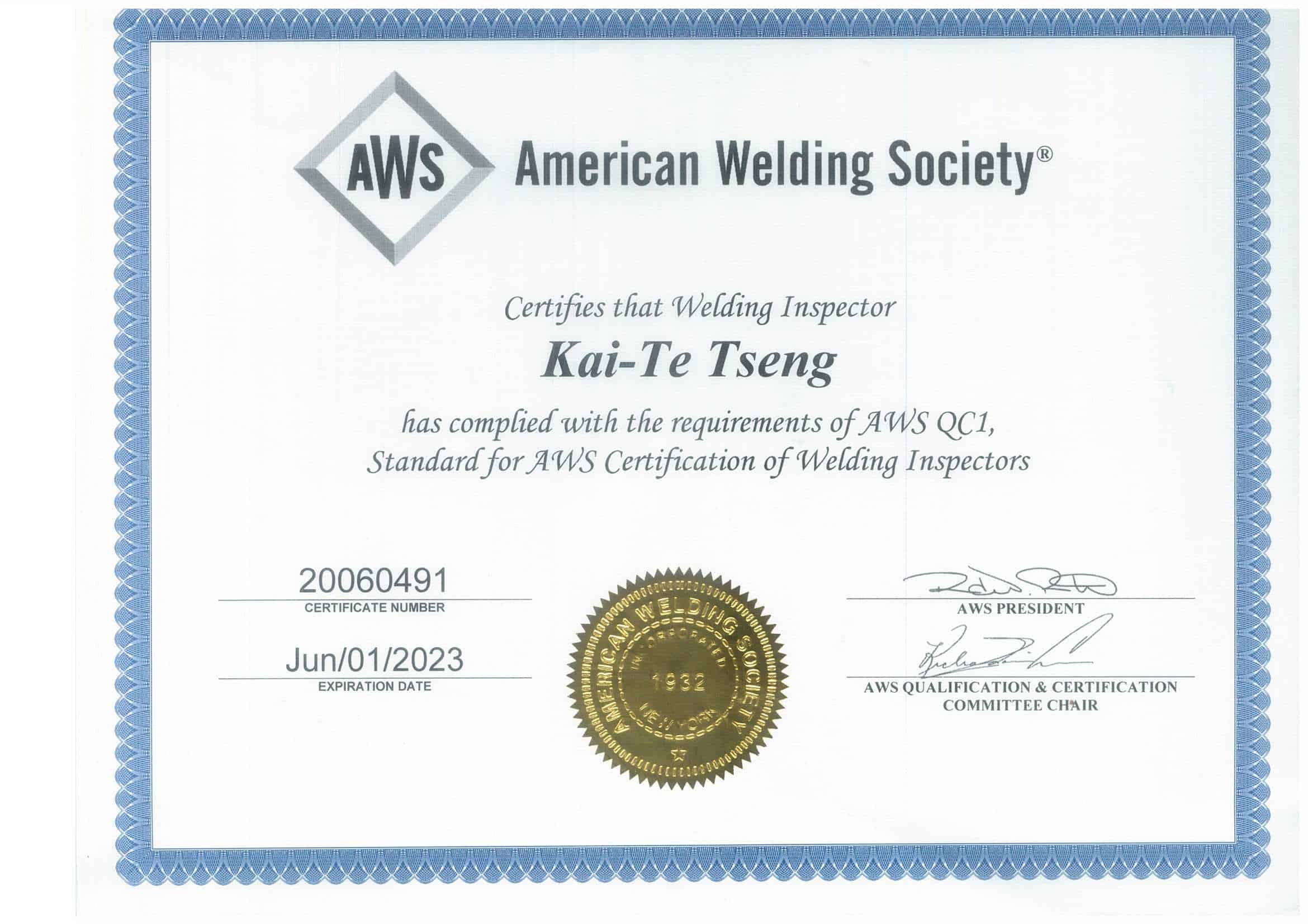 Congratulations!! Obtained AWS American Welding Inspector License-Kai-Te Tseng 1